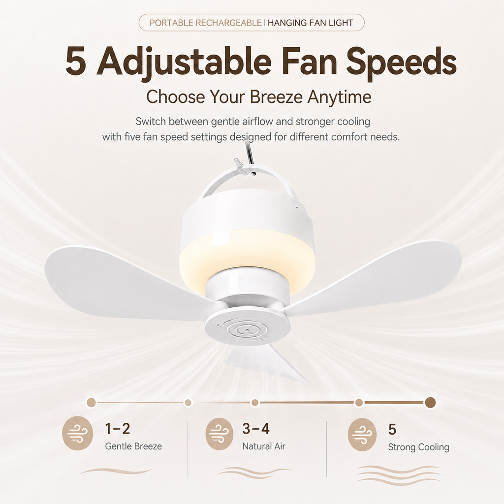 Portable Rechargeable Hanging Fan Light for Indoor & Outdoor Use