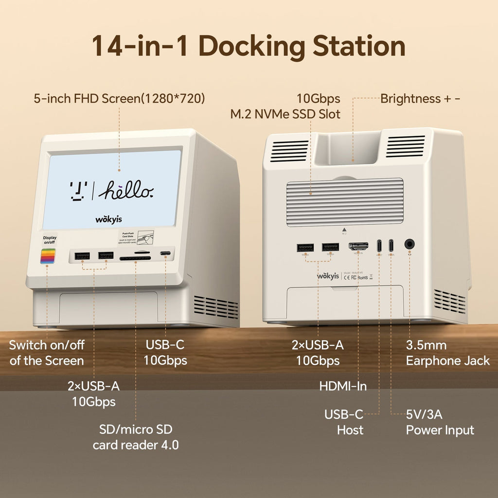 Retro Docking Station for Mac mini M4 with 5-inch Full HD Monitor and 10Gbps/80Gbps M.2 NVMe PCIe SSD Enclosure
