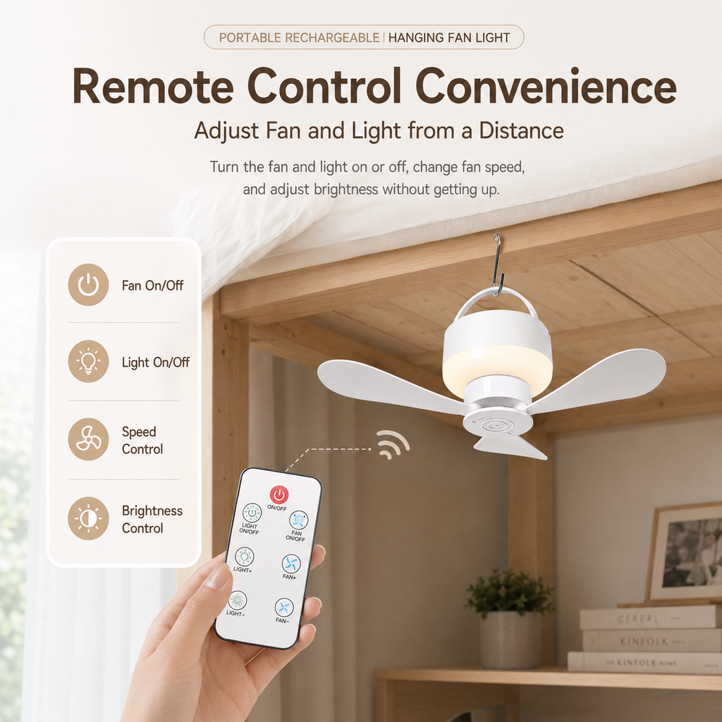 Portable Rechargeable Hanging Fan Light for Indoor & Outdoor Use