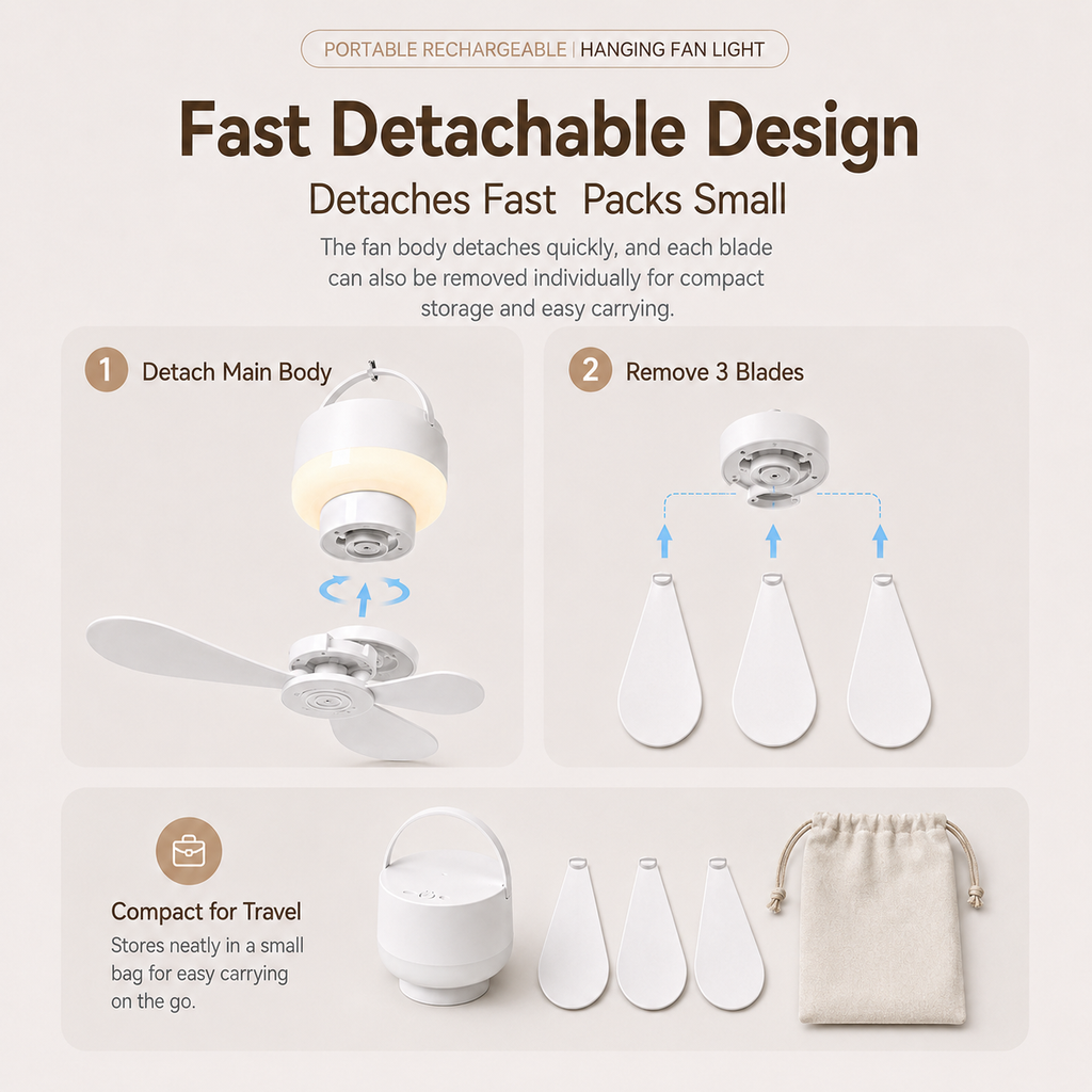 Portable Rechargeable Hanging Fan Light for Indoor & Outdoor Use