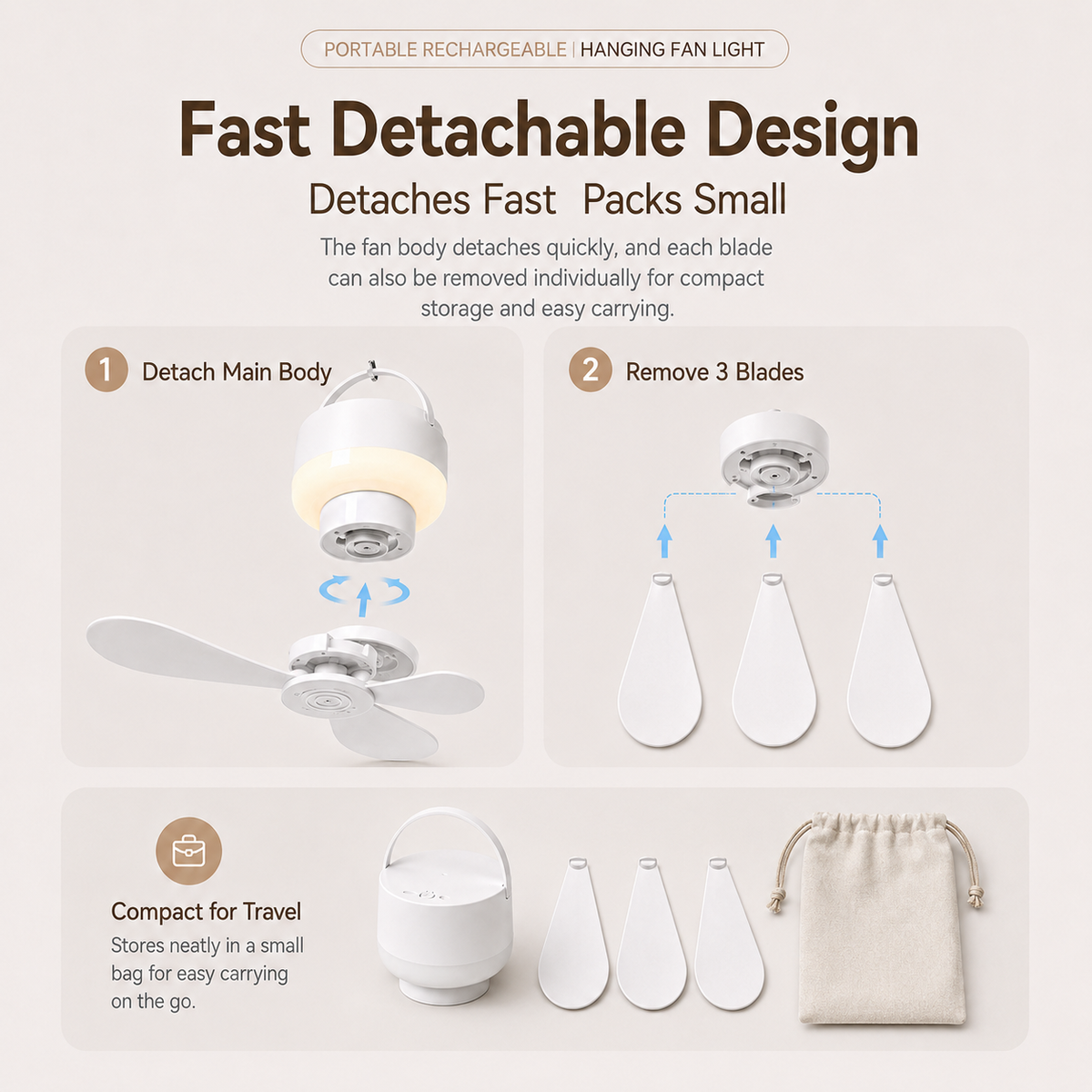 Portable Rechargeable Hanging Fan Light for Indoor & Outdoor Use