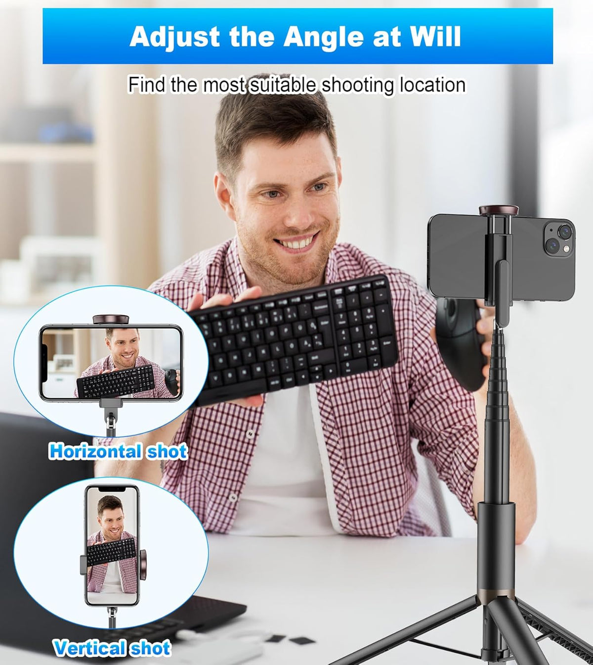 67" Cell Phone Selfie Stick Tripod,Smartphone Stand All-in-1 with Integrated Wireless Remote,Portable,Lightweight,Extendable for iPhone/Android(Black)