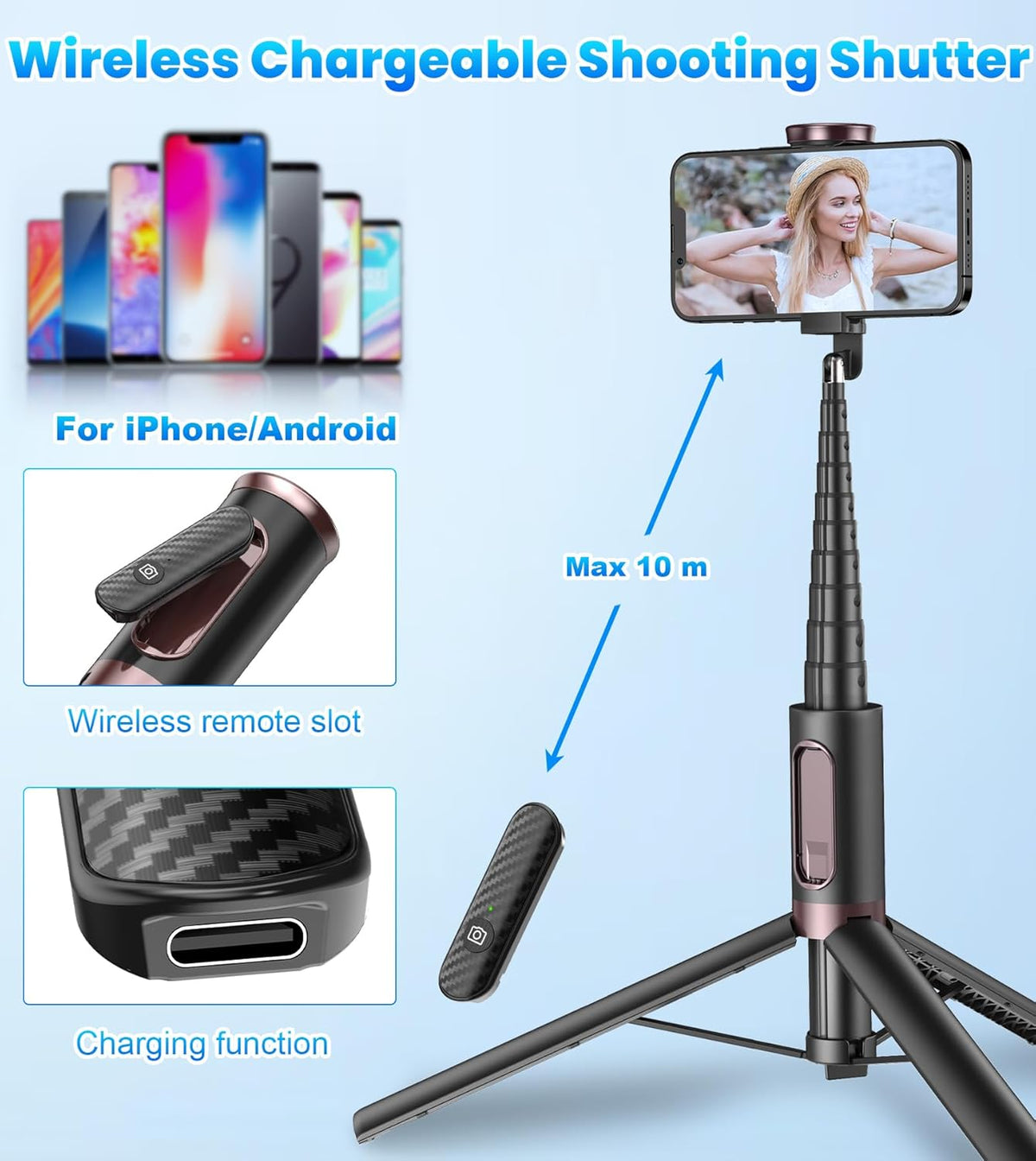 67" Cell Phone Selfie Stick Tripod,Smartphone Stand All-in-1 with Integrated Wireless Remote,Portable,Lightweight,Extendable for iPhone/Android(Black)