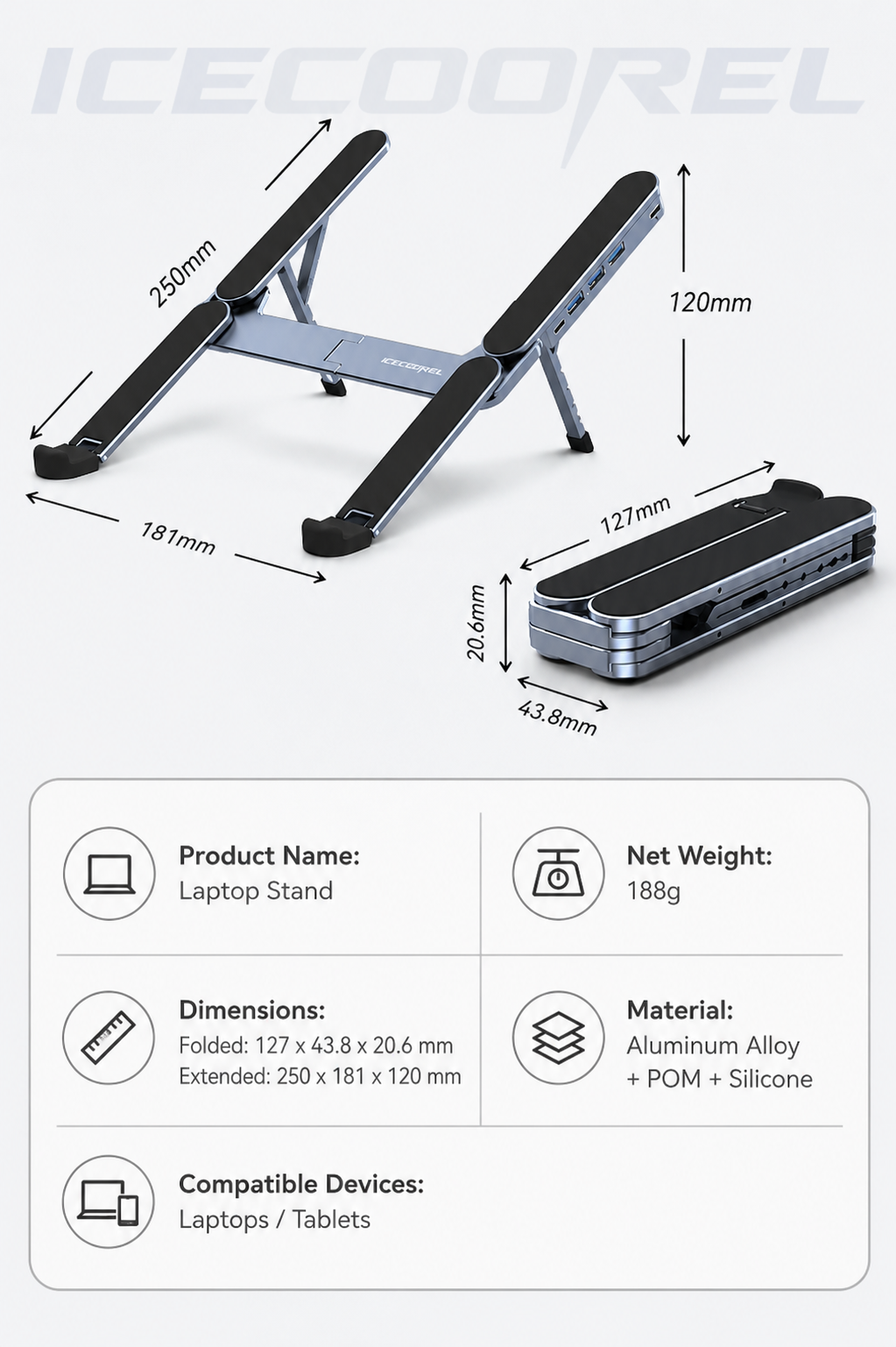 The world’s smallest foldable laptop stand with integrated USB hub—designed for modern mobile work.