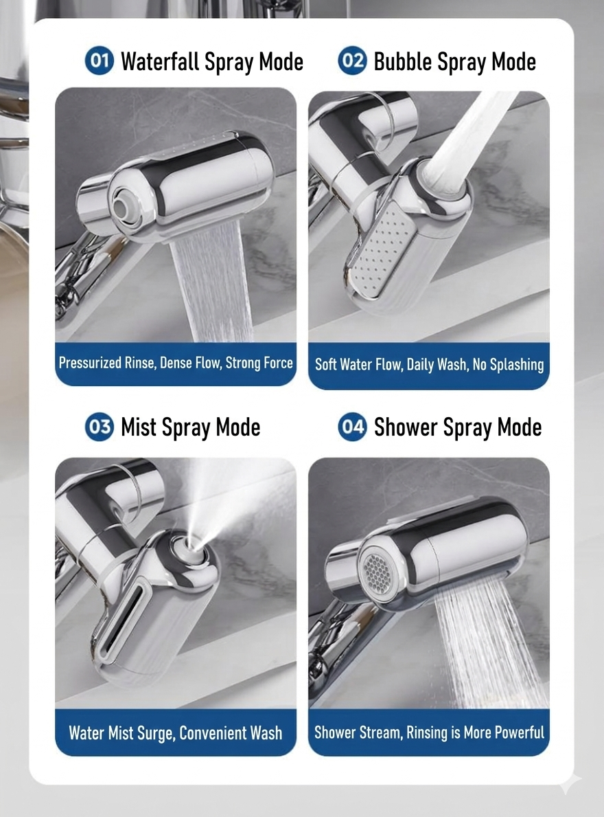 1080° Rotating Faucet Extender with Upward Facial Mist, 4 Water Modes & Built-In Filter