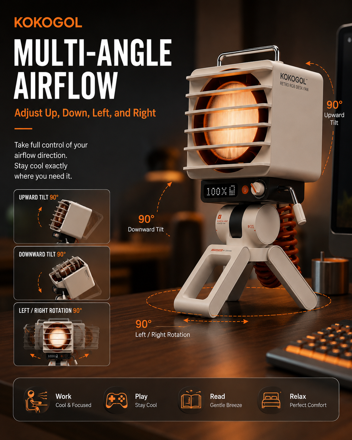 KOKOGOL AirPixel™ Retro RGB Desk Fan with LED Matrix Display & 5000mAh Battery