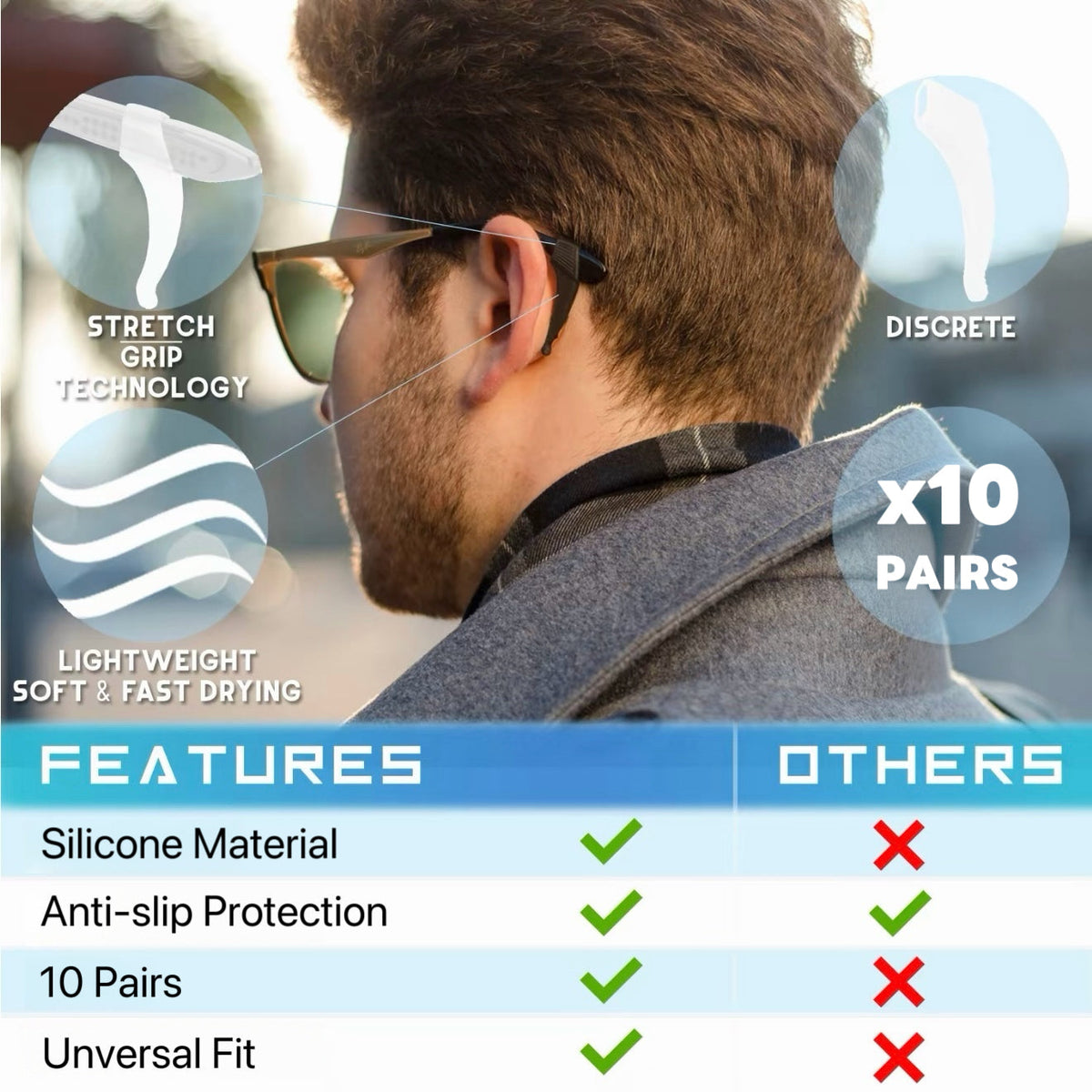 10-Pack GripLock Comfort Ear Hooks — Anti-Slip Silicone Eyeglass Grips