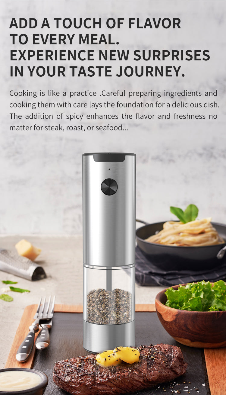 SeasonMate – Stainless Steel Electric Salt & Pepper Grinder Set (2 Grinders + Base)