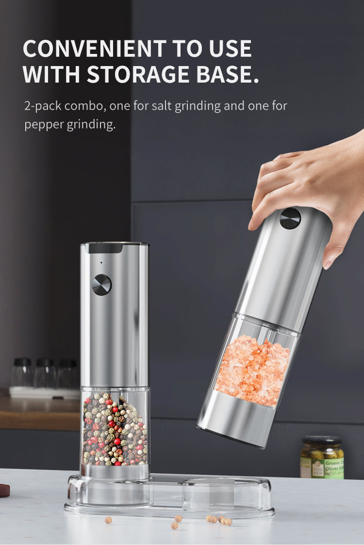 SeasonMate – Stainless Steel Electric Salt & Pepper Grinder Set (2 Grinders + Base)