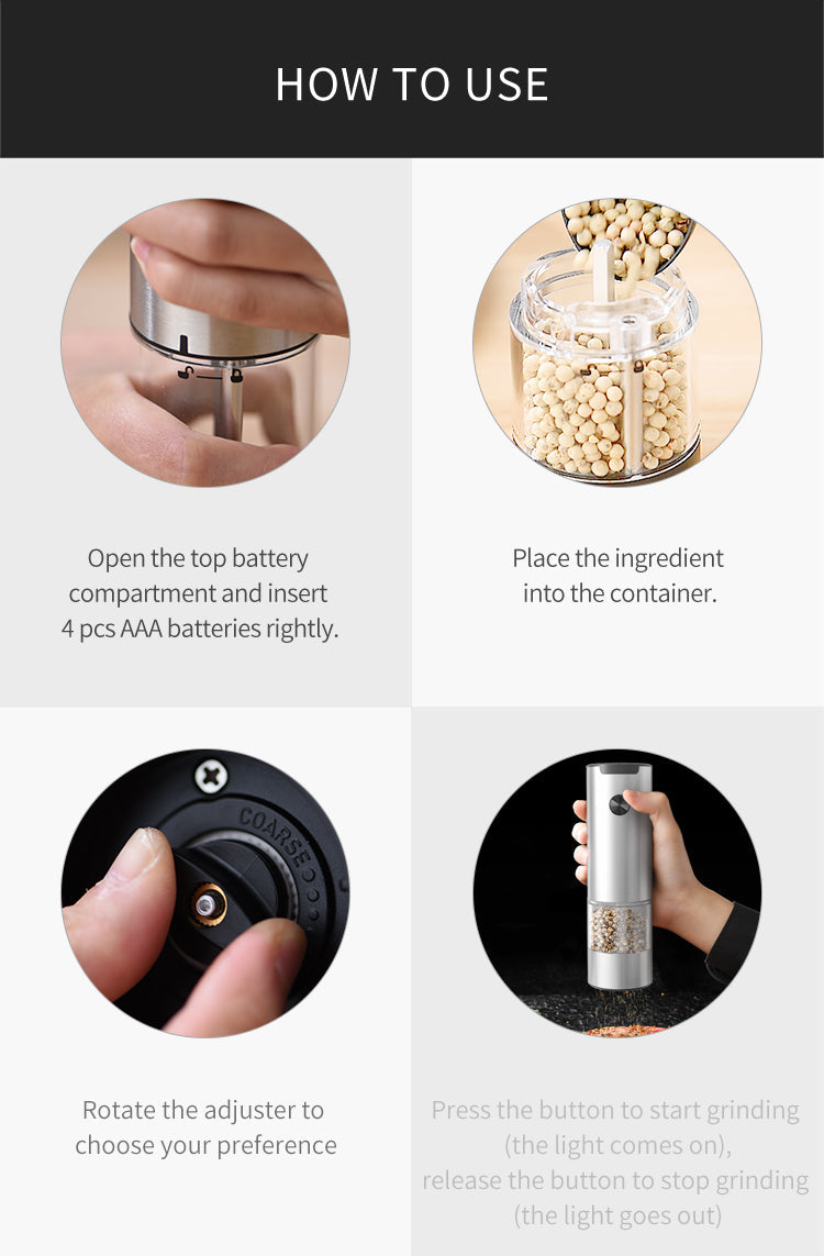 SeasonMate – Stainless Steel Electric Salt & Pepper Grinder Set (2 Grinders + Base)