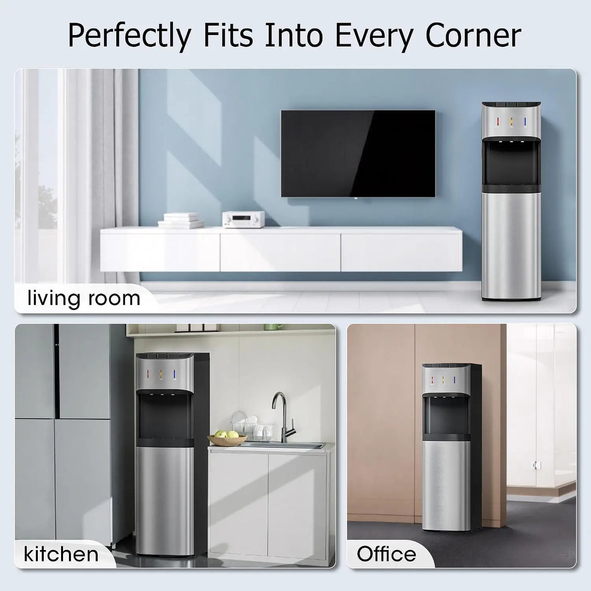 3-5 Gal Bottom-Loading Water Cooler Dispenser, 3 Temperature Settings (Hot, Room, Cold), Child Safety Lock, Stainless Steel for Home, Office