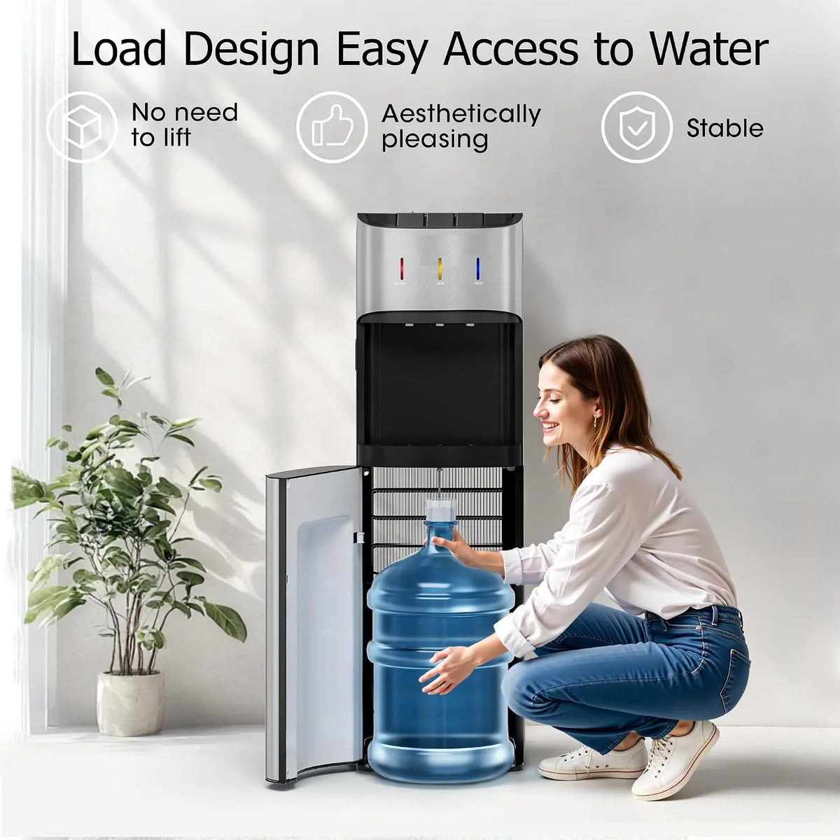 3-5 Gal Bottom-Loading Water Cooler Dispenser, 3 Temperature Settings (Hot, Room, Cold), Child Safety Lock, Stainless Steel for Home, Office