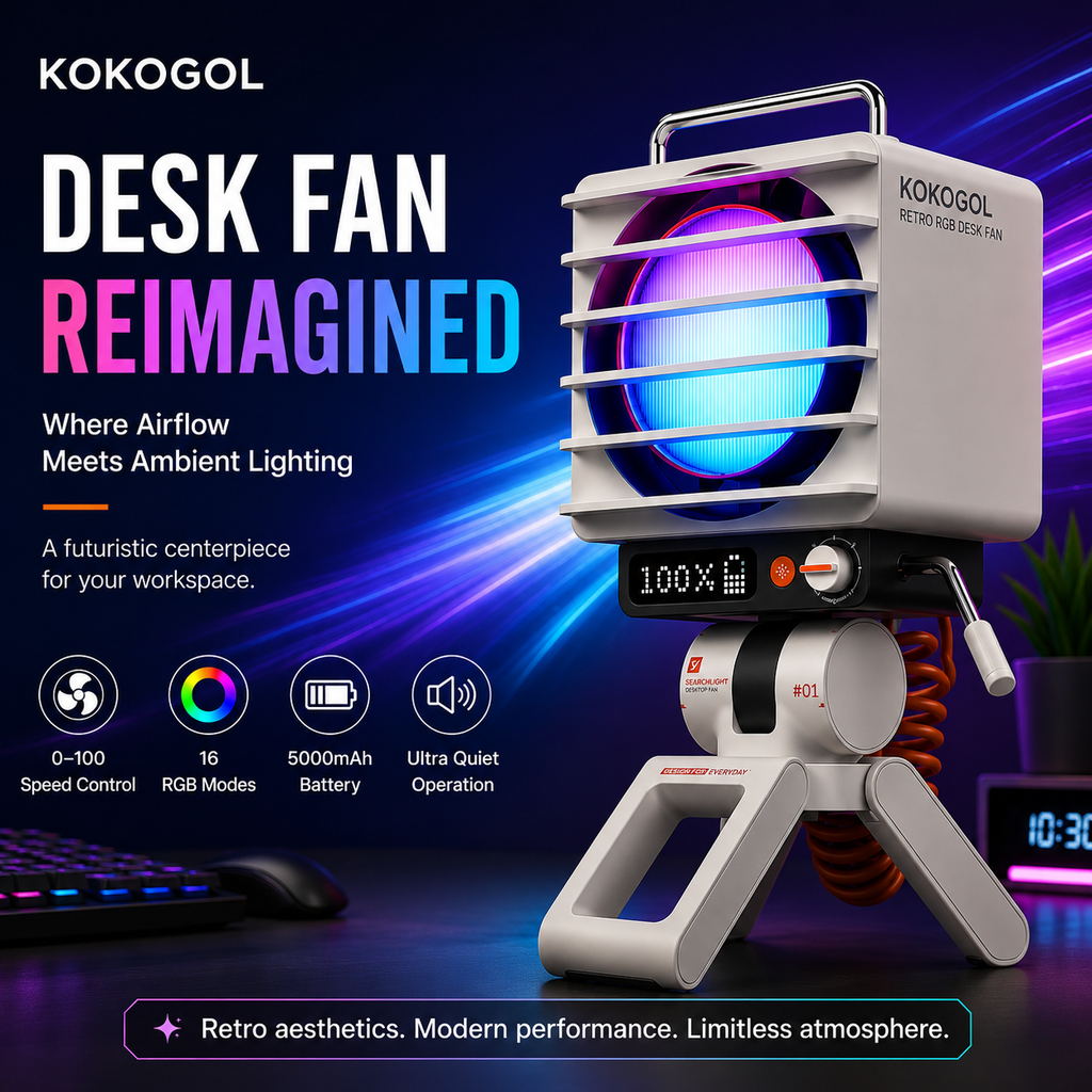 KOKOGOL AirPixel™ Retro RGB Desk Fan with LED Matrix Display & 5000mAh Battery
